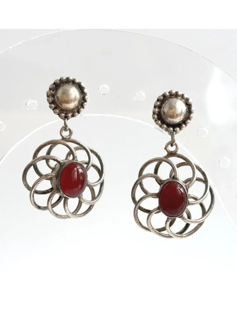 Carnelian Accented Scalloped Vintage Sterling Silver 925 Drop Southwest Earrings